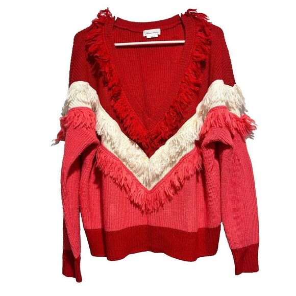 Lovers + Friends Nikki Fringe Colorblock Pullover Sweater Red Pink Medium Wool - Picture 3 of 7
